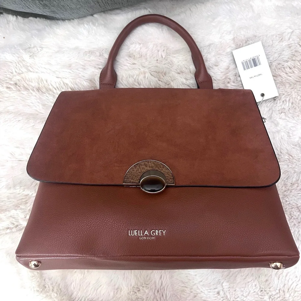 Luella Grey London Brown Mixed Media Satchel Bag Vegan Leather Leopard Strap NEW